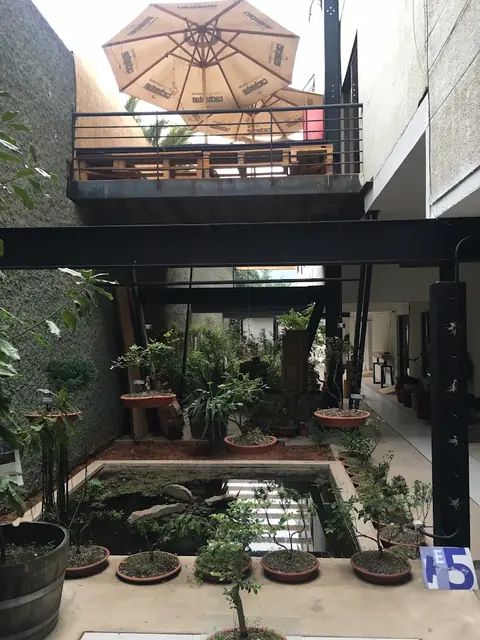 Patio interior con espejo de agua, árboles en maceteros y una terraza con quitasoles en el nivel superior